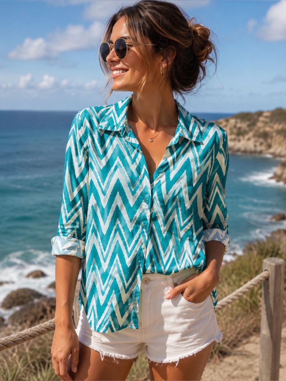 Chico's Teal and White Chevron Button-Down Shirt Office Wear Casual Sz L